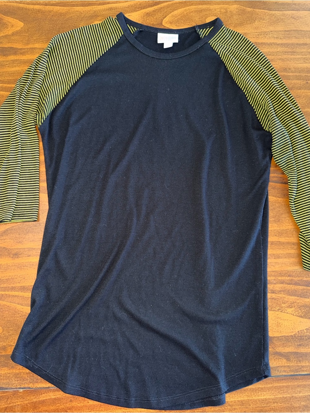 LuLaRoe Black Raglan Tee with Green Striped Sleeves